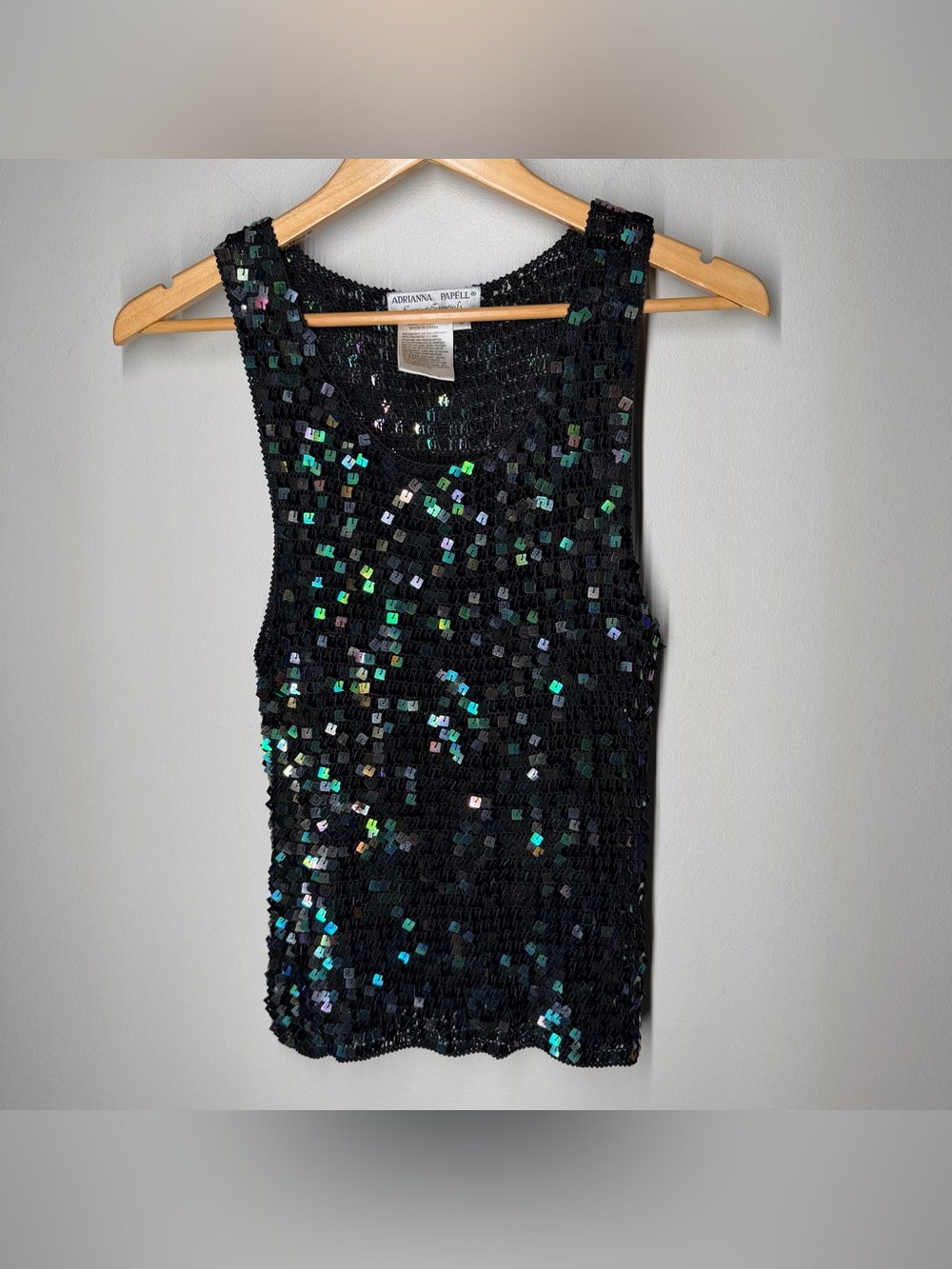 Vintage Y2K Adrianna Papell Black Iridescent Sequin Tank Top Holiday Cocktail